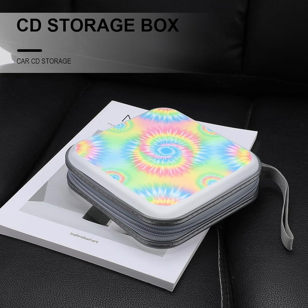 Portable CD/DVD Holder Pink Rainbow Tie Dye, 40-Capacity Hard Case with Zipper, Protective Storage Binder for Music Movies Game Discs