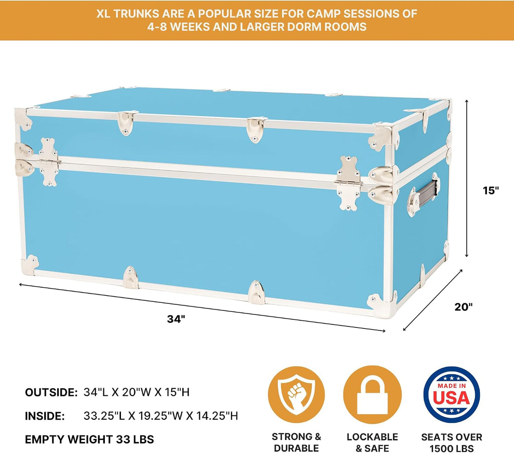 Rhino Classic XL Trunk with Wheels for Camp and Dorm, Footlocker, Chest | 34"L x 20"W x 15"H, 1500+ lb Capacity, Baltic Birch Plywood, Nickel Plated Steel, Durable, Removable, College Dorm