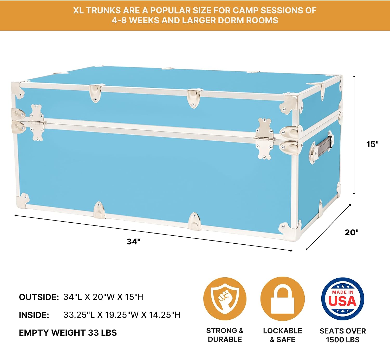 Rhino Classic XL Trunk with Wheels for Camp and Dorm, Footlocker, Chest | 34"L x 20"W x 15"H, 1500+ lb Capacity, Baltic Birch Plywood, Nickel Plated Steel, Durable, Removable, College Dorm