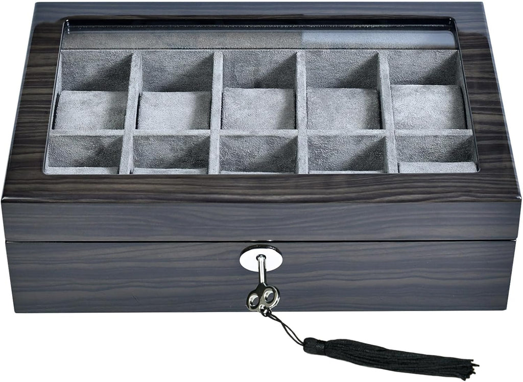 Watch Box for Men 10 Watches Storage box&Organizer Smart Watch Display Case - Ebony Wood with Soft Velvet Interior-Large Glass Window-Gift for Women and Man (10W-GYG)