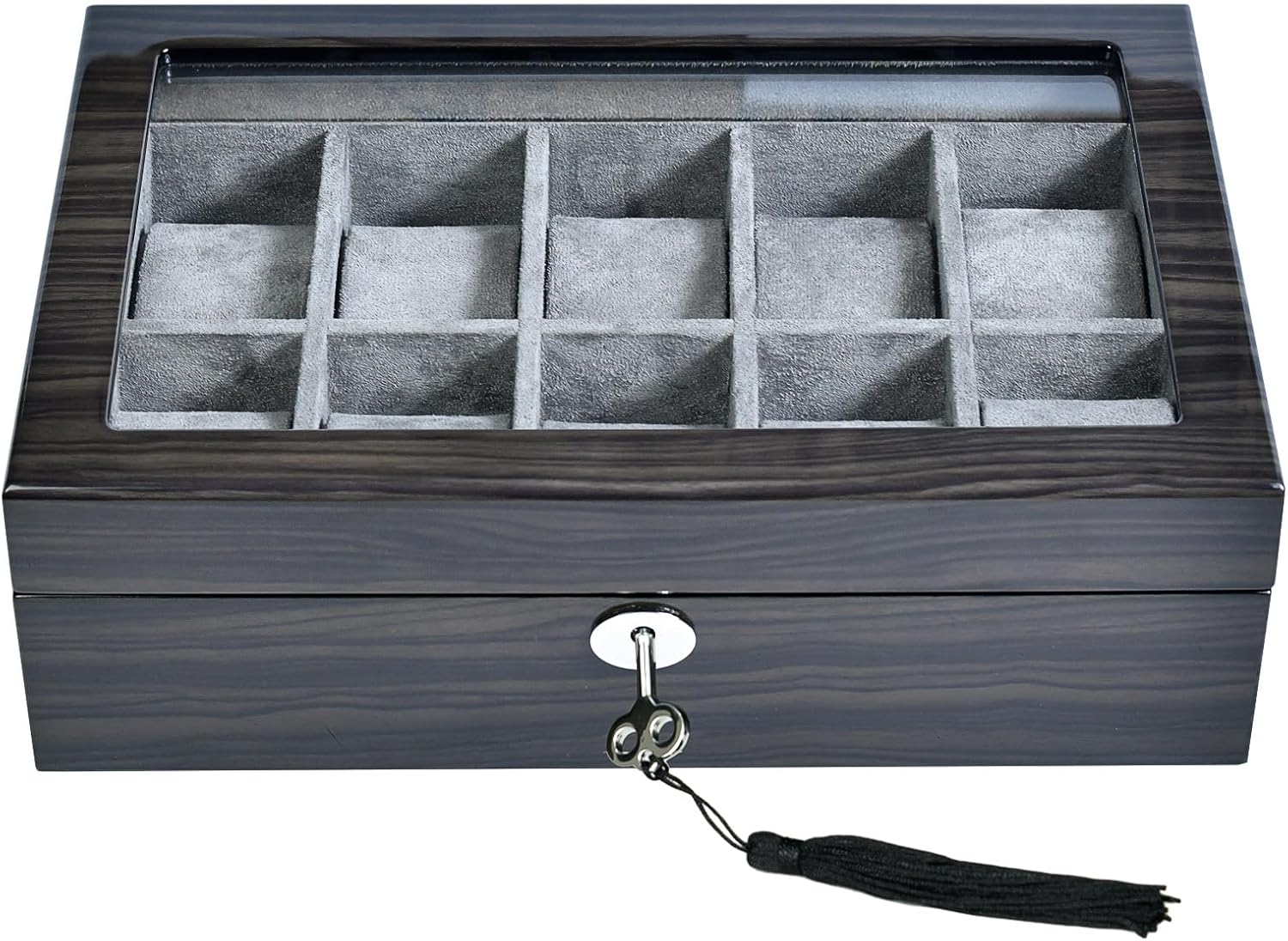 Watch Box for Men 10 Watches Storage box&Organizer Smart Watch Display Case - Ebony Wood with Soft Velvet Interior-Large Glass Window-Gift for Women and Man (10W-GYG)
