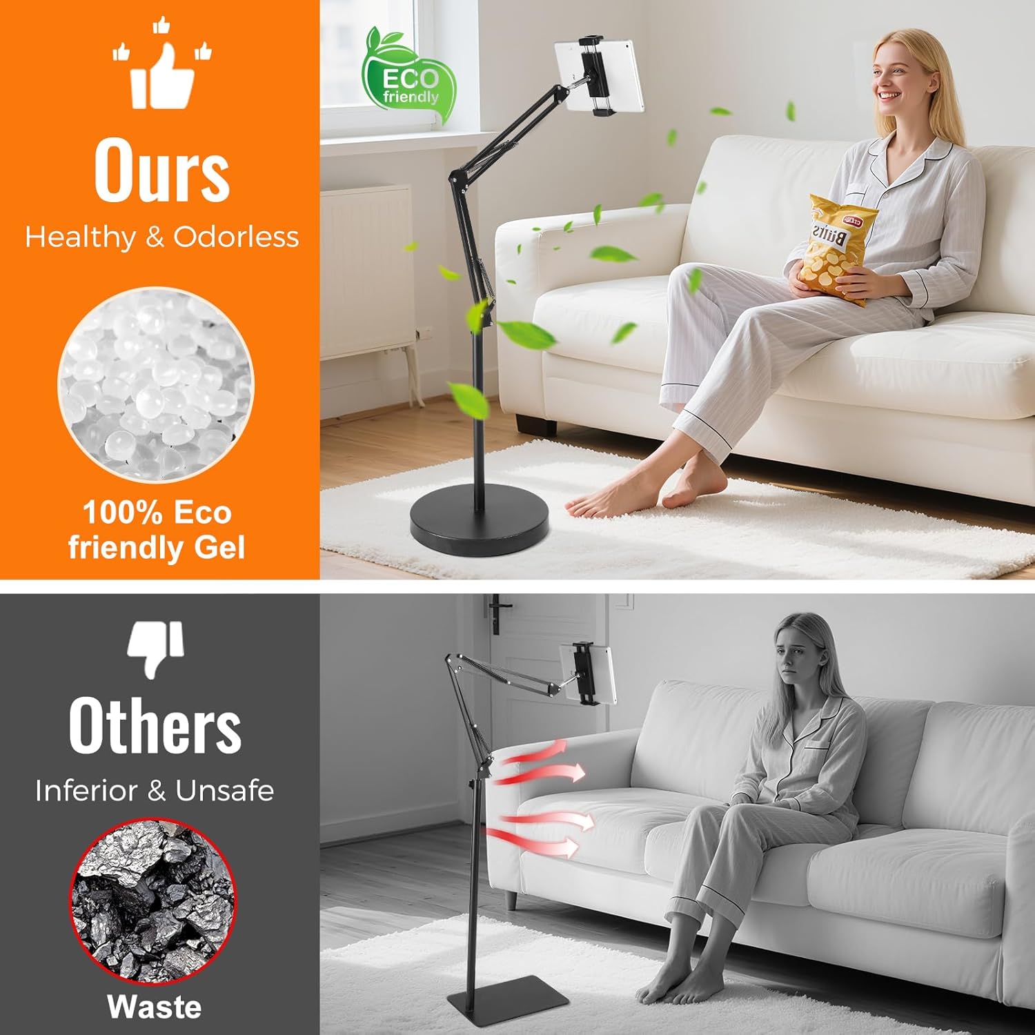 Tablet Floor Stand with 12lb Base - Adjustable Height Heat-Resistant Anti-Scratch Stretchable Swivel Holder, Compatible with iPhone iPad Pro Air Mini, Samsung, Kindle, Cell Phones 4.7"-13" - Large
