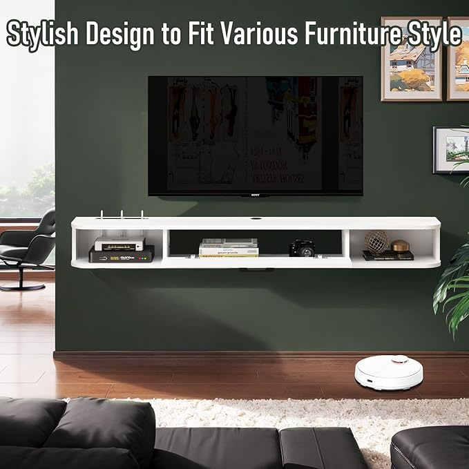 Floating TV Unit, 79'' Wall Mounted TV Cabinet, Floating Shelves with Door, Modern Entertainment Media Console Center Large Storage TV Bench for Living Room & Office (78.74IN, White)