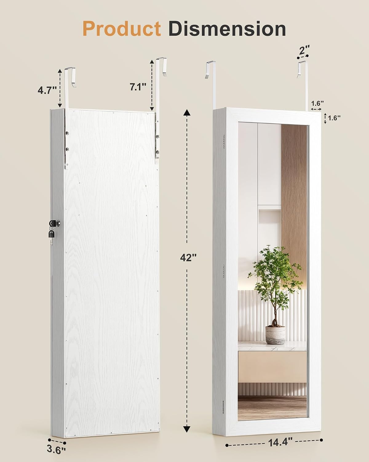 Nicetree 6 LEDs Jewelry Armoire, Hanging Mirror Jewelry Cabinet, White | Over the Door Jewelry Organizer, Lockable Mirror with Jewelry Storage, Auto-on Light, Gift Idea, Easy Assembly