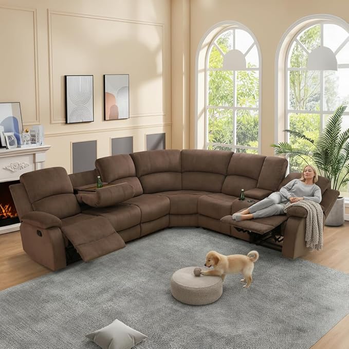 Manual Recliner Sectional Sofa Set, Fabric L-Shaped Living Room Furniture Sets, Reclining Sectional Corner Couch with Drop-Down Table/Storage Console/Cup Holders for Home Office (Brown, Sectional)