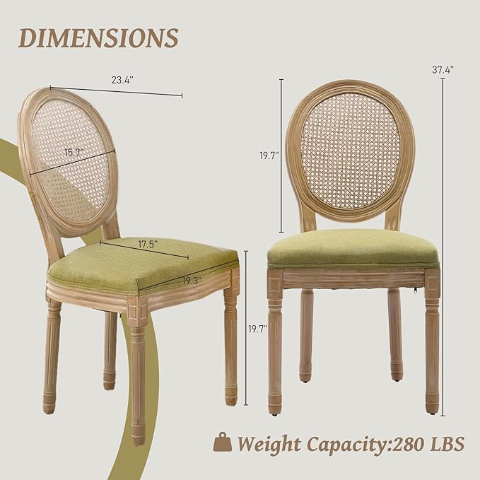 French Country Dining Chairs Set of 2,Farmhouse Upholstered Dining Room Chairs with Round Back and Solid Leg,Rattan Kitchen Chairs for Kitchen/Bedroom/Dining Room,Green