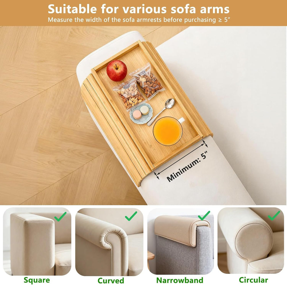 Bamboo Couch Arm Tray Table, Foldable Sofa Rest with Non-Slip Base Portable A...