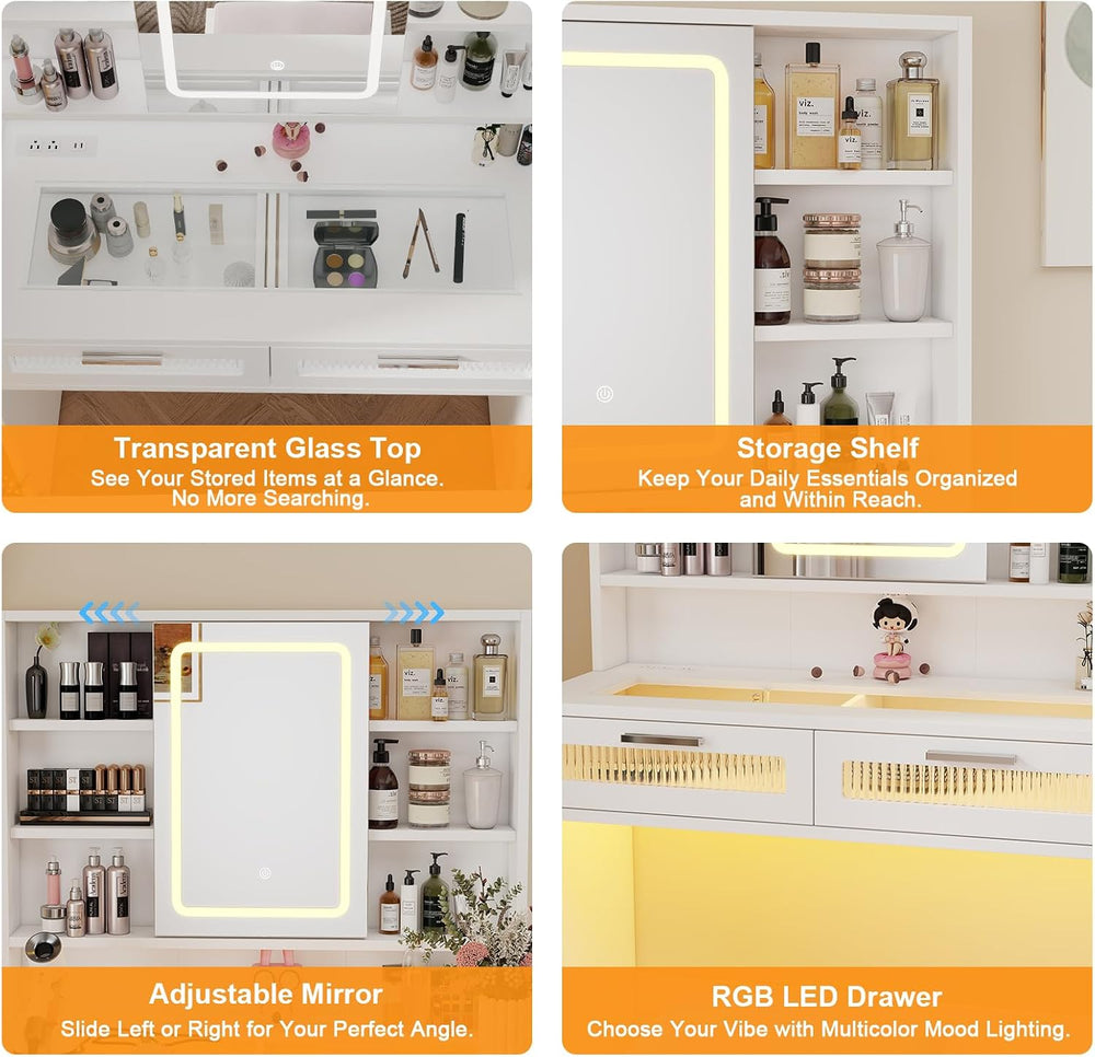 Hadulcet 35.5" Small Vanity Desk with Mirror and Lights, White Make Up V...