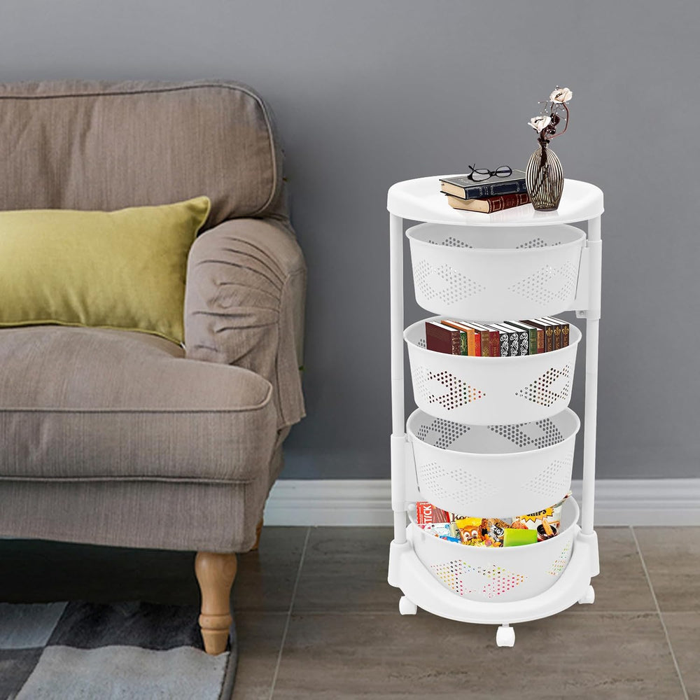3-Tier Rotating Storage Rack with Wheels, Storage Tower with Baskets, 360° La...
