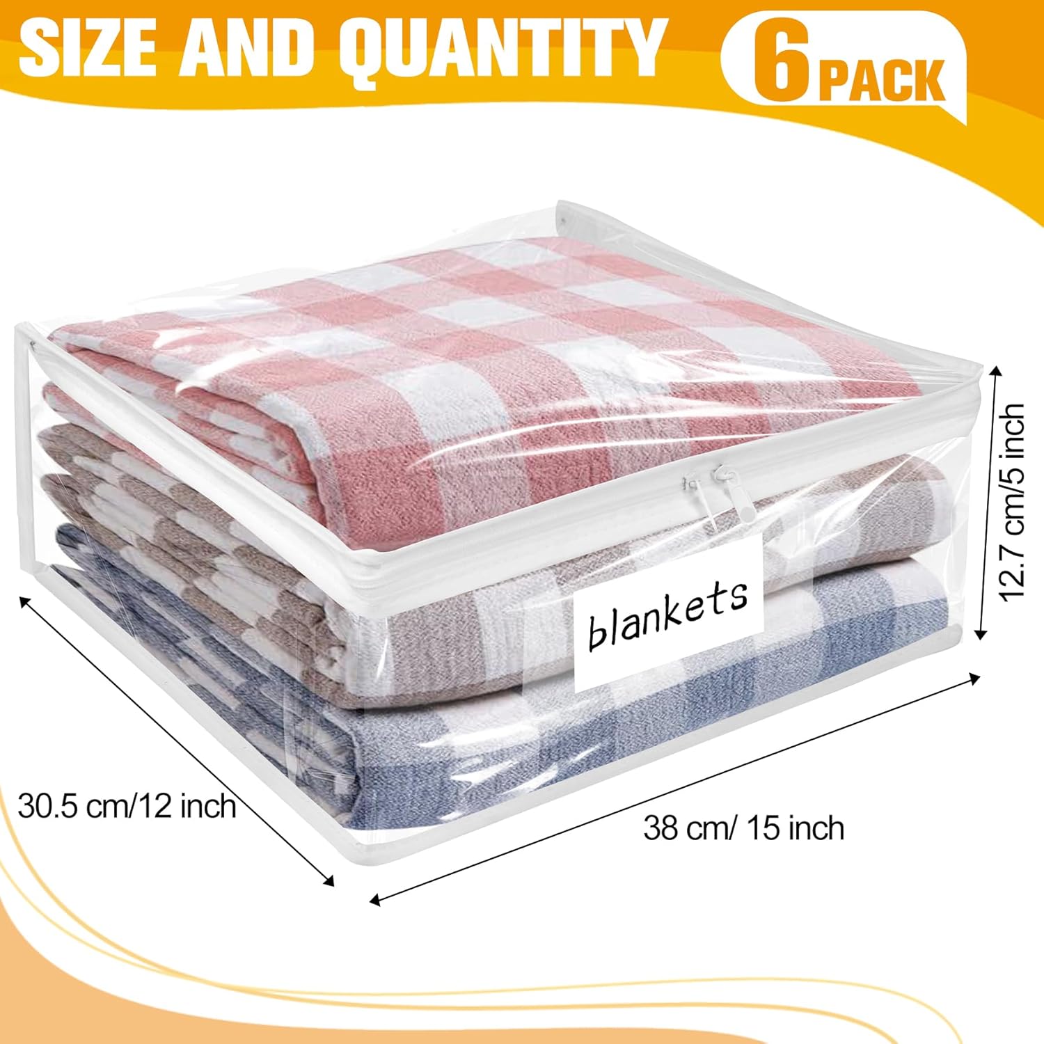 Plastic Storage Bags with Easy-Glide Zipper, Pack of 6, Durable Clear Vinyl Zippered Storage Bags for Clothes Sweaters Comforters Blankets Sheets Bedding (15 x 12 x 5 Inch)