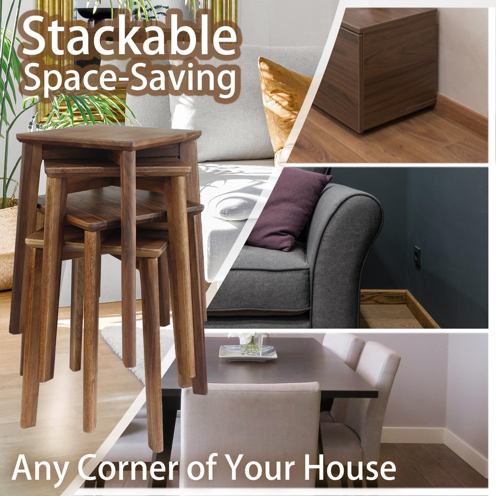 18-Inch Walnut Wood Stool, Stackable Backless Wooden Seating Solution with Sq...