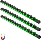 ALOANES 3-Piece Magnetic Socket Organizer, Heavy Duty Aluminum Socket Rails Organizer, 360° Swivel Clips Socket Holder Kit for Tool Box, 1/2-Inch Socket Holder x 36 Clips (Green)