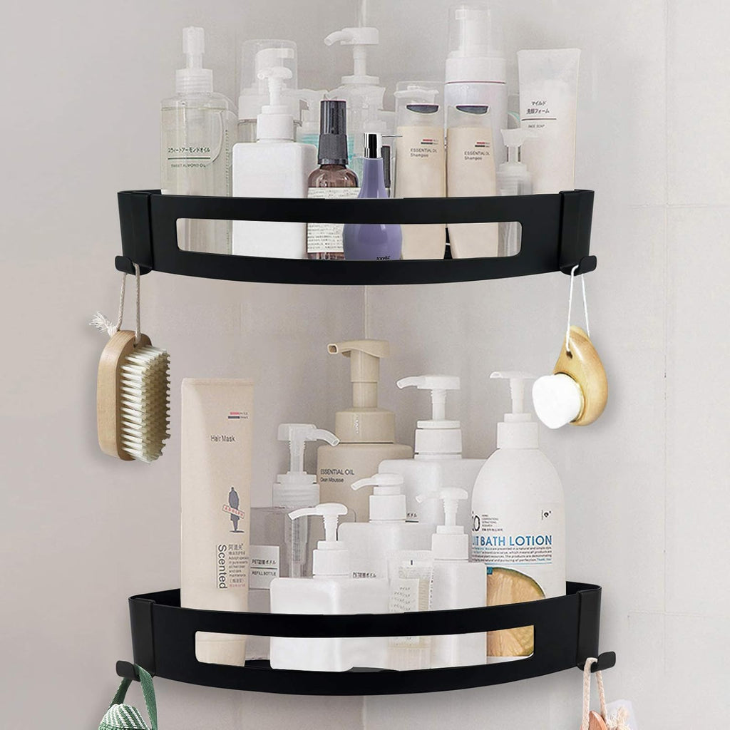 NearMoon Bathroom Shower Caddy 2 Pack, No Drill 304 Stainless Steel Shower Organizer with 2 Hooks (Corner Shelf, Matte Black)