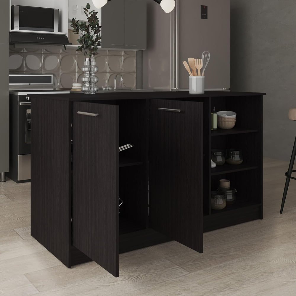 Kitchen Island with Three Open Shelves and Two Cabinets | Spacious countertop...