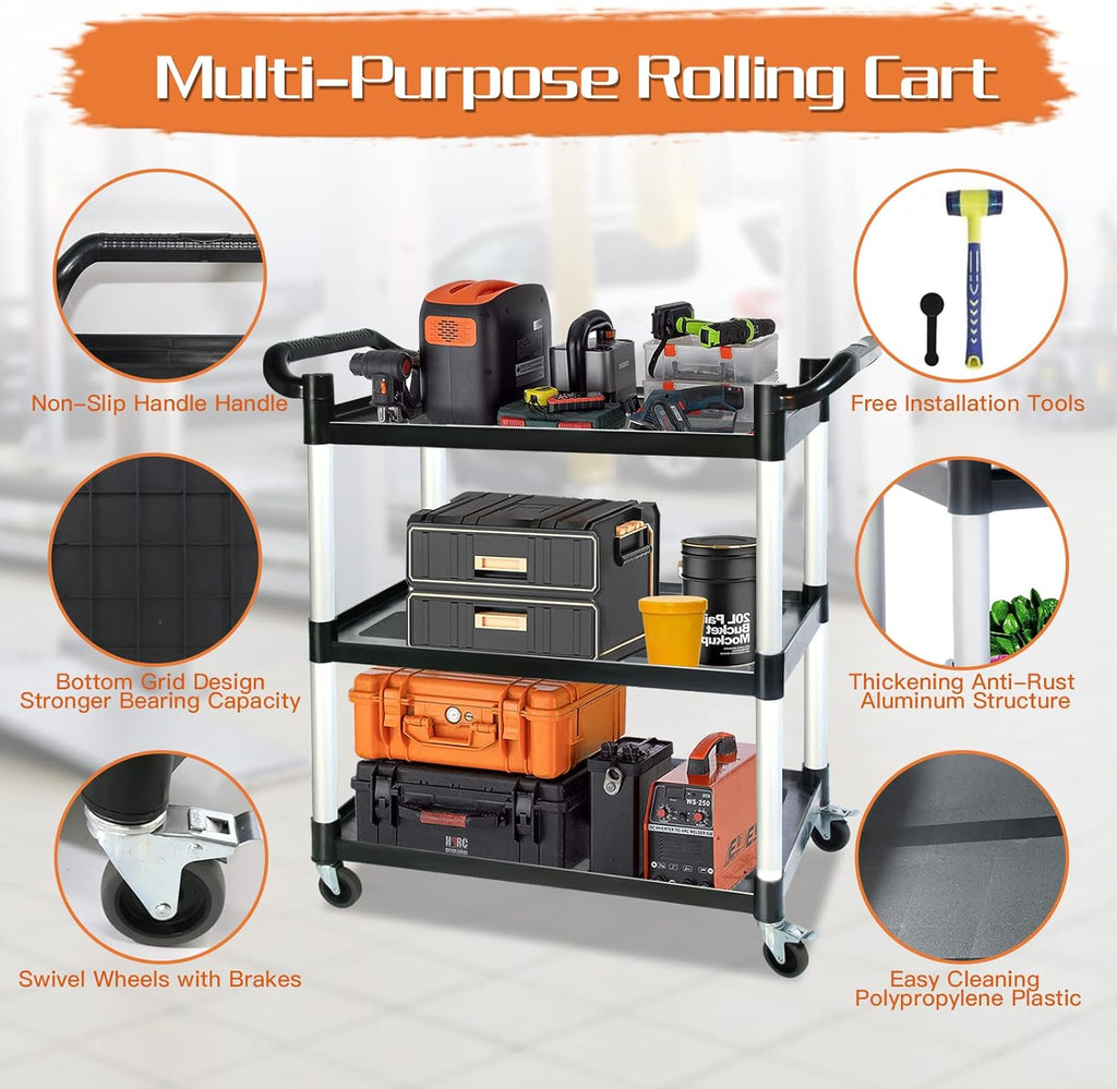 Utility Carts with Wheels,3-Tier Rolling Cart with Wheels, Heavy Duty 510 LBS Food Service Cart with Rubber Pad and Hammer for Kitchen/Office/Warehouse, 31.5" X 16.9" X 38.9"(Black)