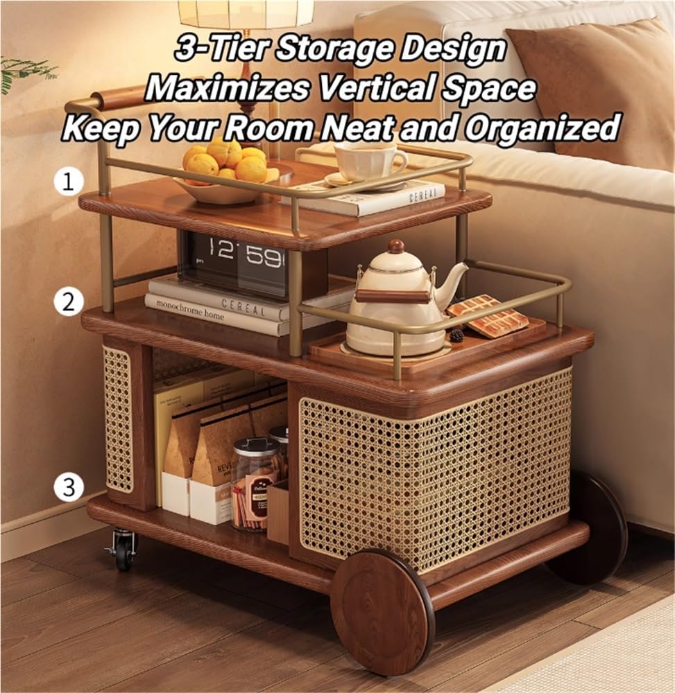 Solid Wood Mobile Side Table with Wheels, Rolling End Table with Storage Shel...