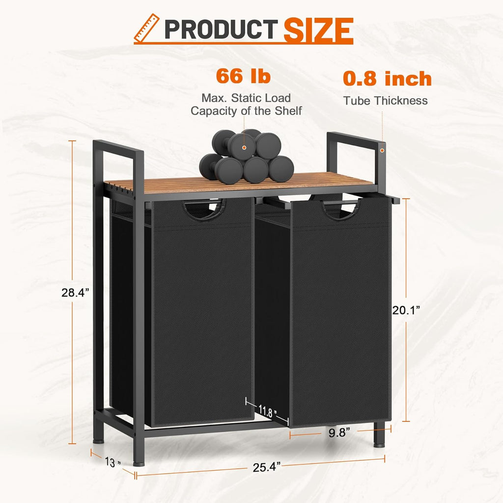 Laundry Hamper, Laundry Sorter with 2 Pull-Out Removable Oxford Fabric Bags Cloth Laundry Basket 2 x 10 Gallons (Black and Rustic Brown)