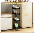 4 Tier Slim Storage Cart with Wheels for Laundry Room Between Washer and Dryer, 7.1'' Narrow Rolling Cart with Wheels and Lockable Casters, Metal Thin Standing Shelf for Small Space, Black