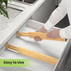 Fyvva Drawer Divider, Adjustable Bamboo Kitchen Drawer Organizer, Spring Loaded Drawer Organizer, Dresser Separators for Kitchen, Bathroom, Clothes, Office Desk Storage (Natural, 4 Pack Large)