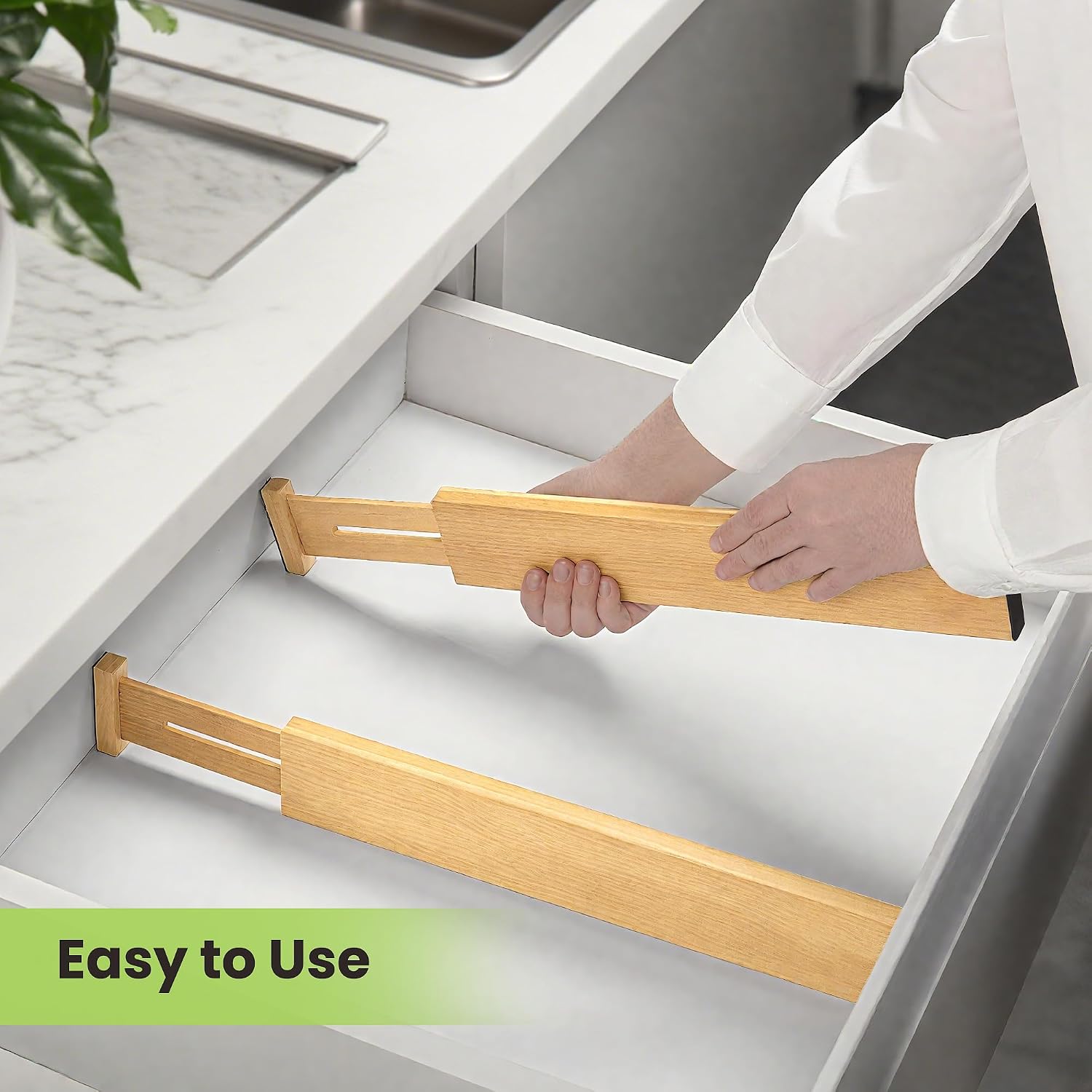 Fyvva Drawer Divider, Adjustable Bamboo Kitchen Drawer Organizer, Spring Loaded Drawer Organizer, Dresser Separators for Kitchen, Bathroom, Clothes, Office Desk Storage (Natural, 4 Pack Large)