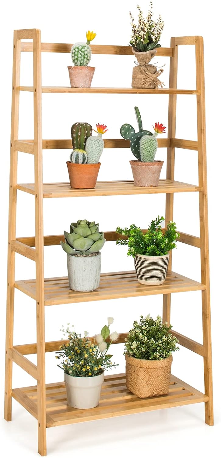 Giantex Ladder Shelf, 4 Tier Bamboo Ladder Bookshelf, 48’’ Tall Freestanding Bookcase Storage Rack Plant Stand for Living Room, Balcony, Office, Bedroom, Farmhouse Wooden Ladder Bookshelf, Natural