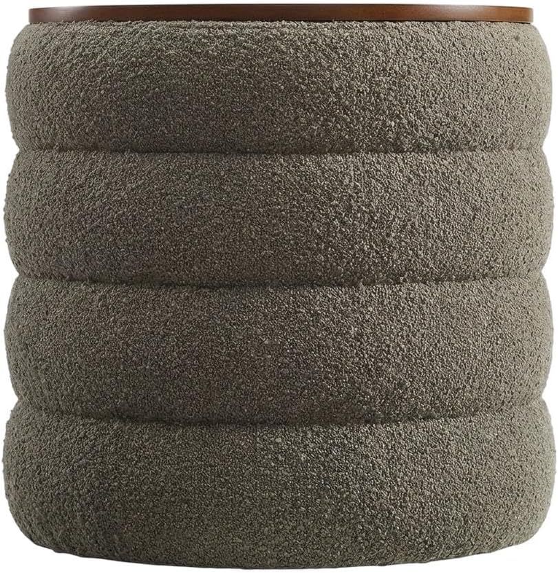 Gray Round Boucle Fabric Storage Ottoman, Indoor-Outdoor Seating, 17.3-Inch D...