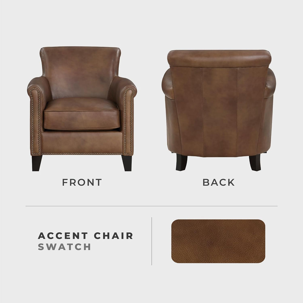Lexicon Top Grain Genuine Leather Chair, Rolled Armrest, Classic Brown | Livi...
