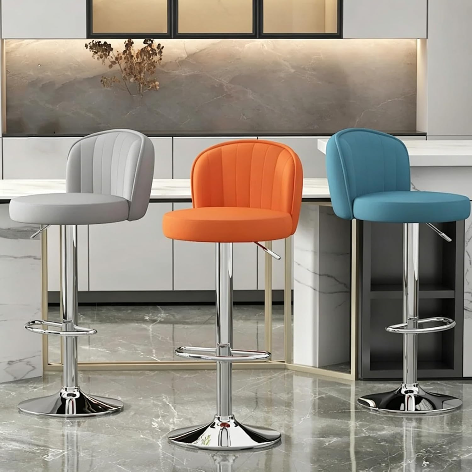 Swivel Stool Chair, Work Vanity Chair, Commercial Event Seat, with Back and Footrest, Height Adjustable, for Kitchen Island, Cafe, Changing Room(Black,Silver feet)
