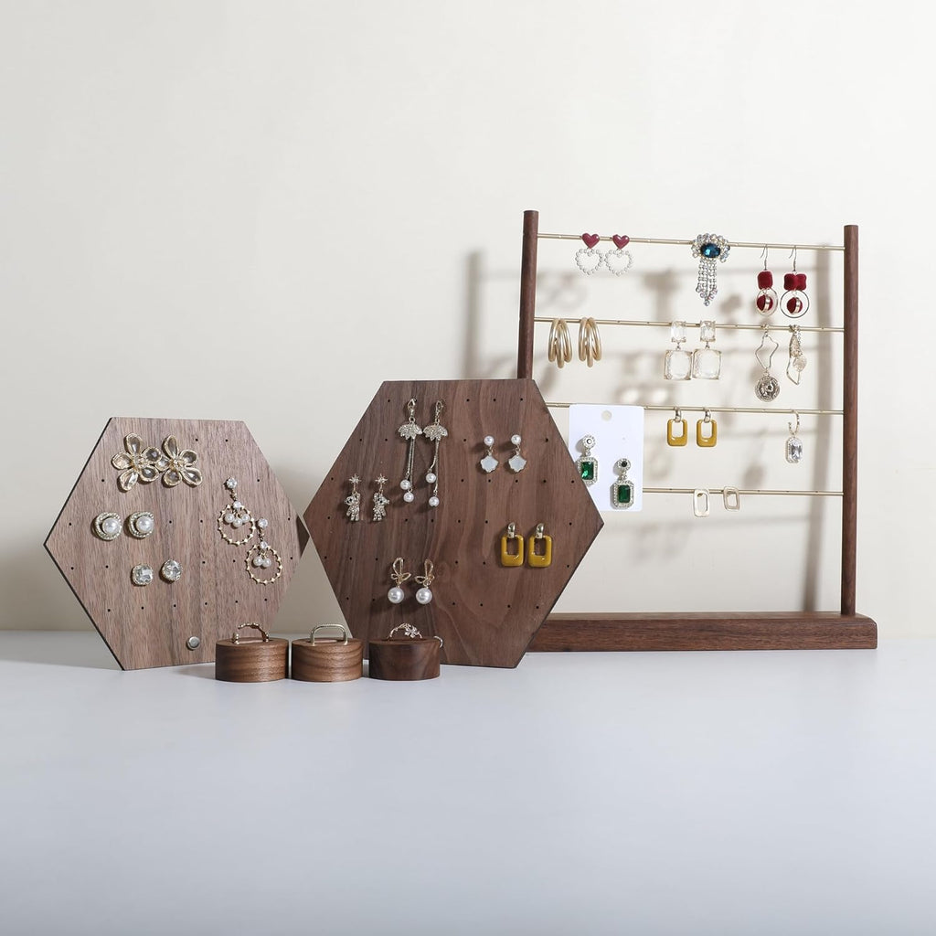 GemeShou Hexagonal Earring Organizer stand, Walnut Plywood Jewelry Display Board for Hanging earring studs, Perfect for Storing and Showcasing Your Jewelry Collection【Set of Two Size】