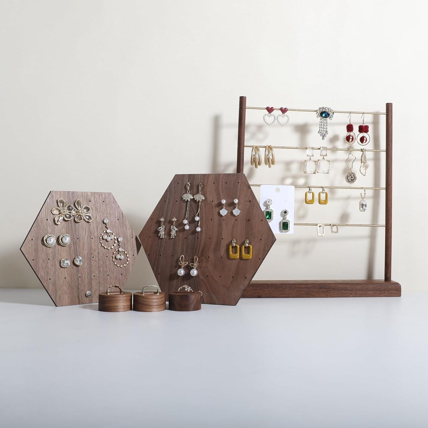 GemeShou Hexagonal Earring Organizer stand, Walnut Plywood Jewelry Display Board for Hanging earring studs, Perfect for Storing and Showcasing Your Jewelry Collection【Set of Two Size】
