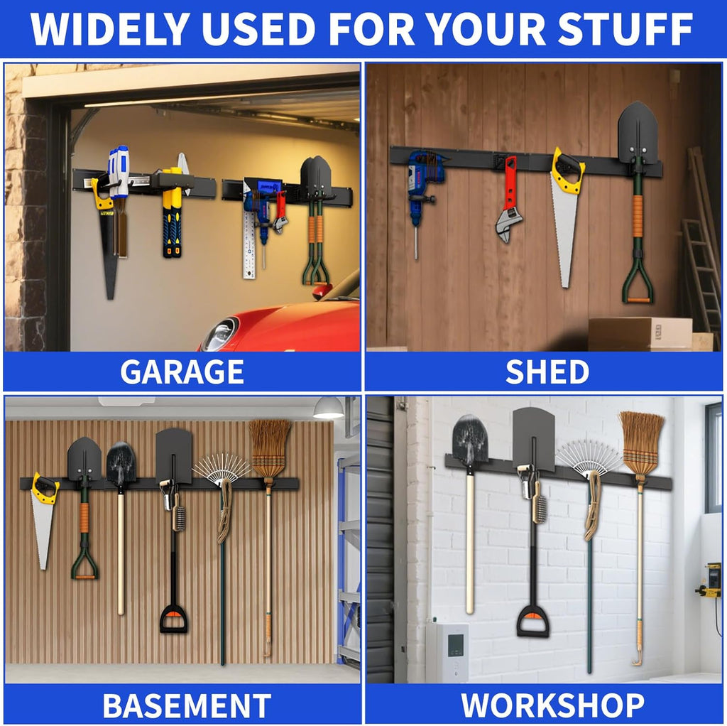 Garden Tool Organizer Wall Mount, 48inch Heavy Duty Garden Tool organizer Storage System, Easy Install With 9 Adjustable Hooks, For Garage, Basement, Shed, Workshop(Black)