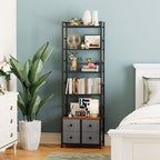 5 Tier Bookshelf, Modern Bookcase with Bookends and 4 Drawers Storage Organizer, Metal Industrial Display Shelf, Free Standing Storage Shelving Unit for Bedroom, Living Room and Home Office