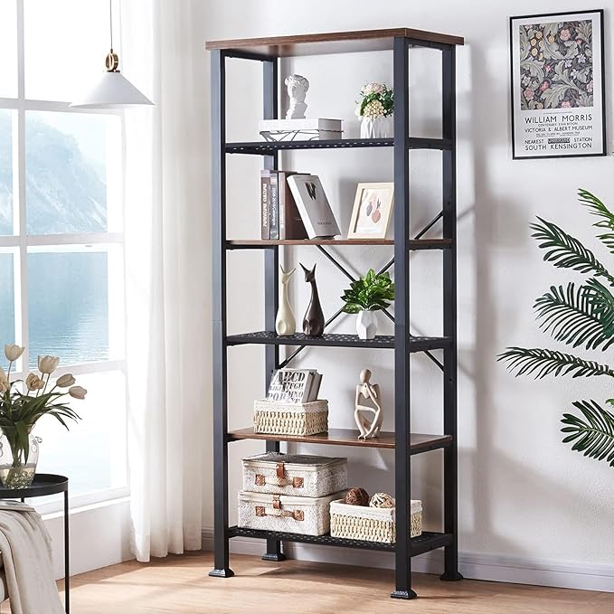 HOMBAZAAR 6 Tier Bookshelf,Rustic Brown Industrial Book Shelf,Engineered Wood and Metal Deep Bookcases,Tall Shelf Bookcase for Living Room,Office,Bedroom and Kitchen