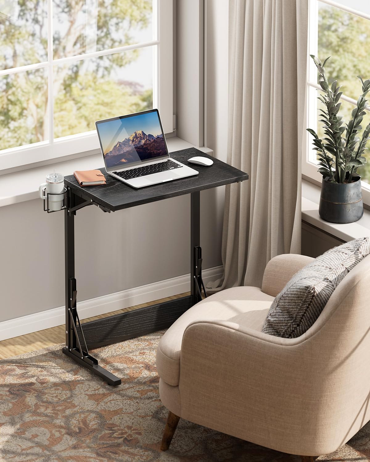 Tatub 24" Folding TV Tray Table, Foldable C Shaped End Table for Couch, TV Dinner Tray with Cup Holder, Small Sofa-Side Laptop Desk for Living Room Bedroom, Black