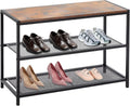 DUMOS 3-Tier Shoe Bench with Storage, Entryway, Mesh Shelves, Rustic Brown | Industrial style, 220 lb seating capacity, stores boots & sneakers, fits entryways & hallways
