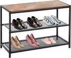 DUMOS 3-Tier Shoe Bench with Storage, Entryway, Mesh Shelves, Rustic Brown | Industrial style, 220 lb seating capacity, stores boots & sneakers, fits entryways & hallways