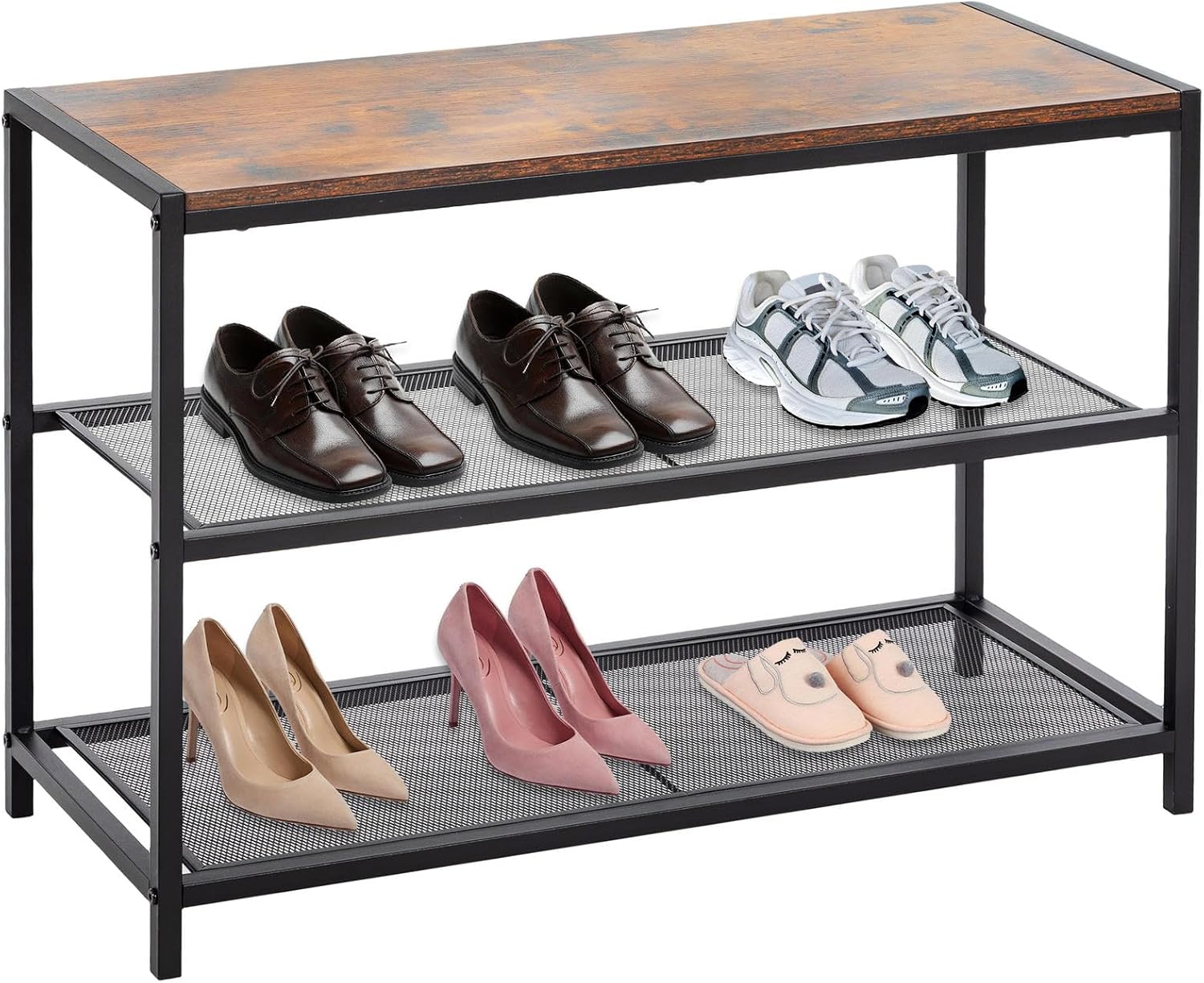 DUMOS 3-Tier Shoe Bench with Storage, Entryway, Mesh Shelves, Rustic Brown | Industrial style, 220 lb seating capacity, stores boots & sneakers, fits entryways & hallways