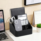 Remote Control Holder, PU Leather Small Desk Organizer with 4 Compartments, Nightstand Organizer Desk Caddy for Remote, Notepad, Phone, Glasses, and Accessories (Black)