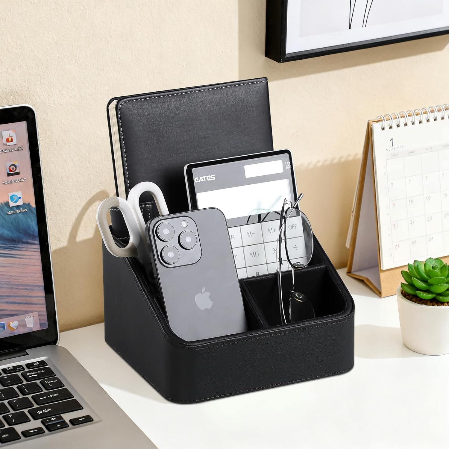 Remote Control Holder, PU Leather Small Desk Organizer with 4 Compartments, Nightstand Organizer Desk Caddy for Remote, Notepad, Phone, Glasses, and Accessories (Black)