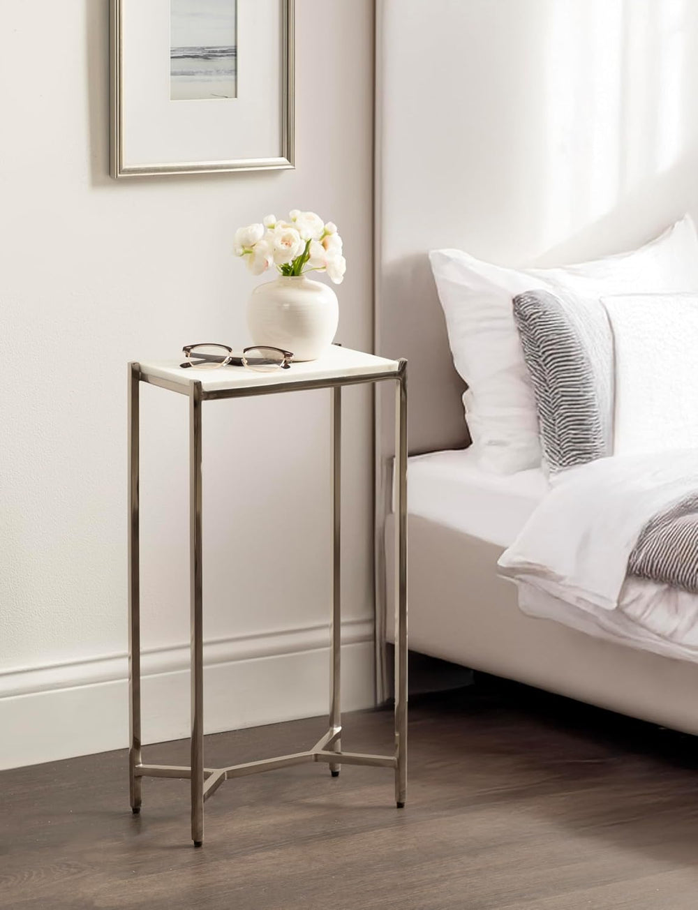 Kate and Laurel Aguilar Modern Glam Slim Side Table, 12 x 7 x 22, White Marbl...