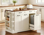 Kitchen Island with Drop Leaf, 47.6" Kitchen Island with Storage | with Power Outlet & Trash Bin Rolling Kitchen Cart with Spice Rack Island Table for Kitchen Breakfast Home Bar, Antique White