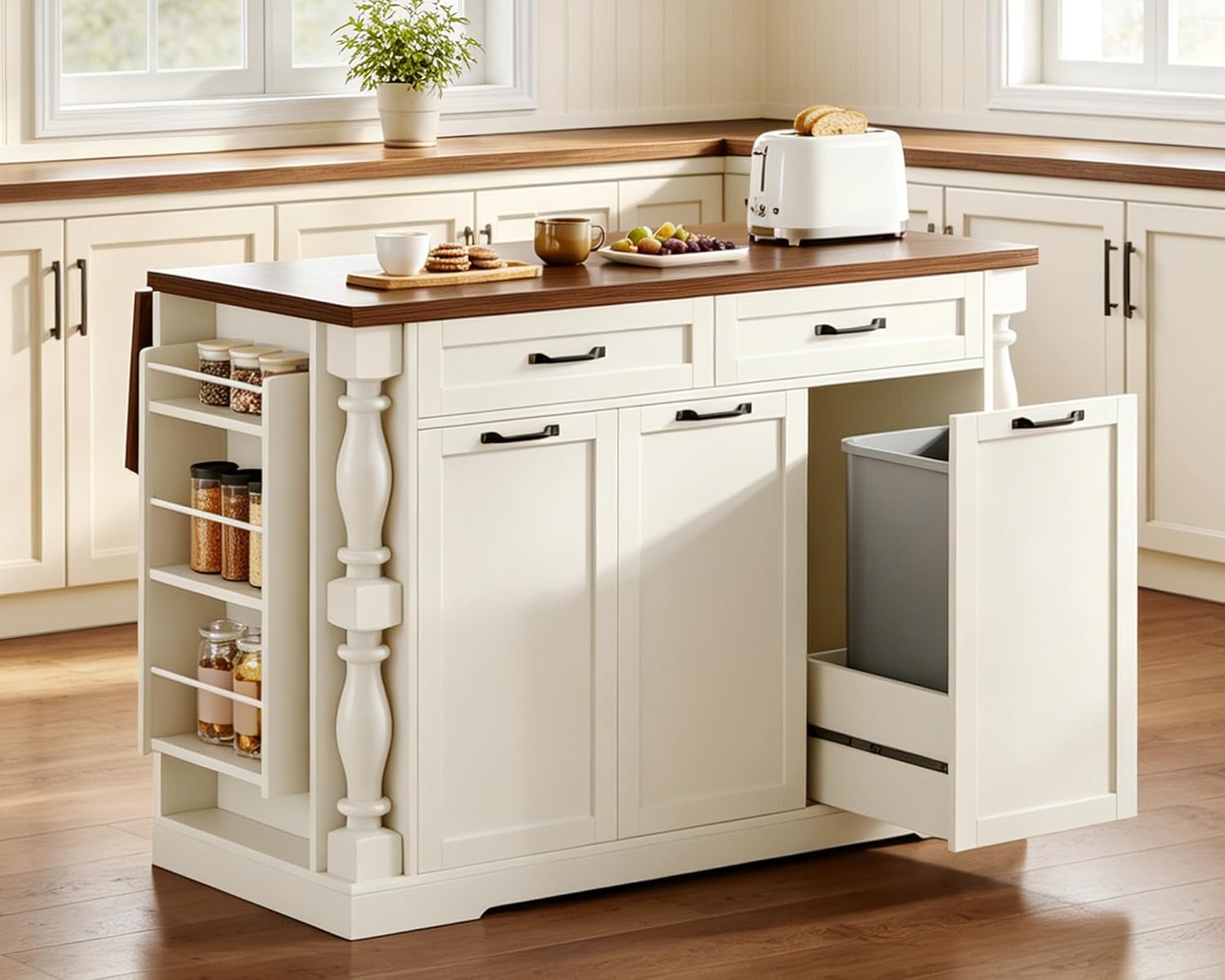 Kitchen Island with Drop Leaf, 47.6" Kitchen Island with Storage | with Power Outlet & Trash Bin Rolling Kitchen Cart with Spice Rack Island Table for Kitchen Breakfast Home Bar, Antique White