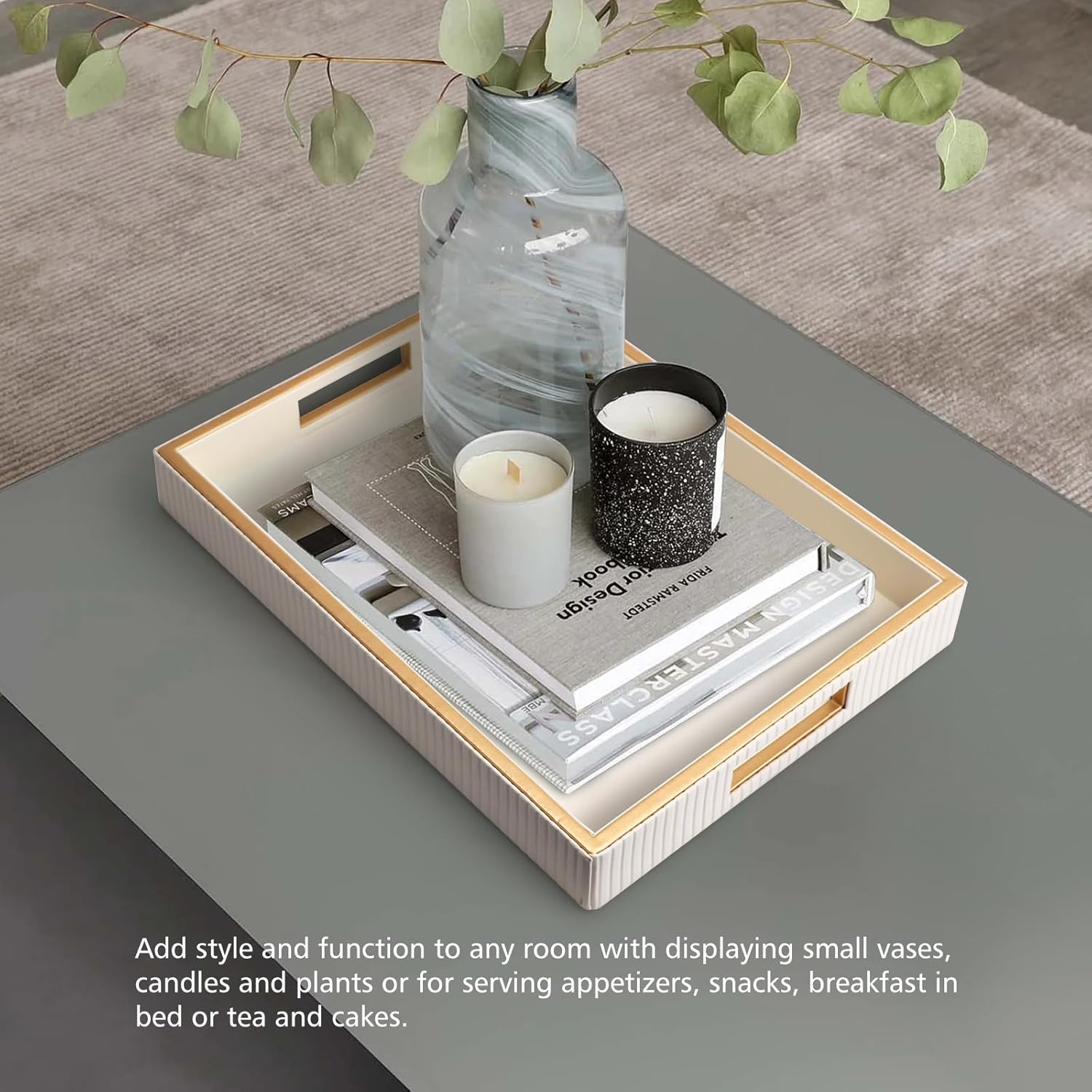 SANZIE Leather Tray Desktop Storage Organizer Premium Serving Tray Decorative Tray Valet Tray for Sundries Cosmetics Phone Wallet Cutlery (White Platter)
