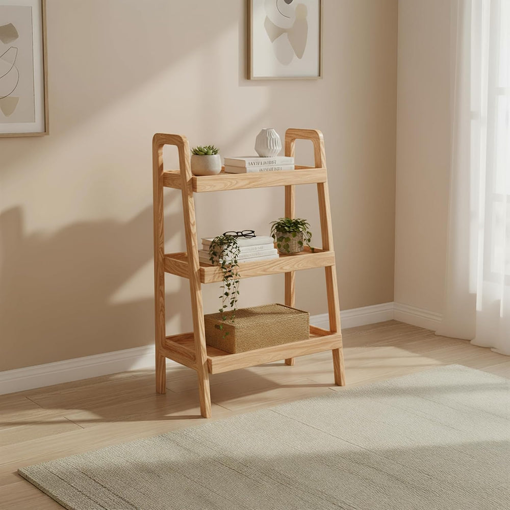 Oak Ladder Bookshelf, 3 Tier Display Shelf for Living Room, Natural Wood
