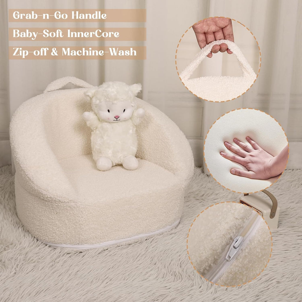 Mini Toddler Chair Comfy - 17.3'' Compact Kids Couch with Carry Handle, Soft Teddy Plush Toddle Chair, Washable Cover & Sturdy Design for Nursery & Playroom - White