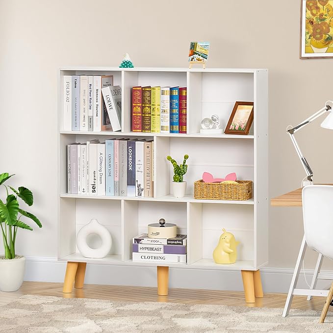 YAHARBO 8 Cube White Bookshelf,3 Tier Book Shelf with Legs,Modern Minimalist ...