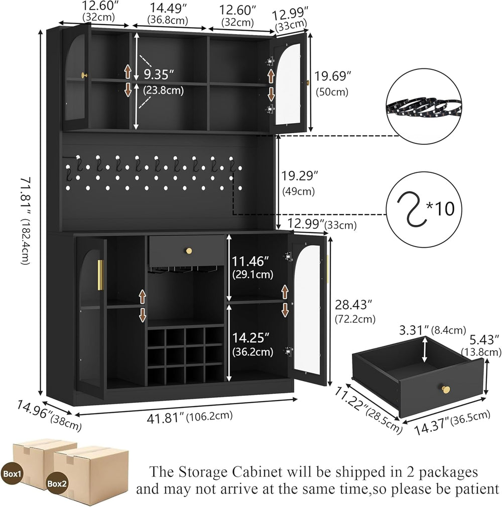 72'' Tall Kitchen Pantry Storage Cabinet with Led Light - Black Pantr...