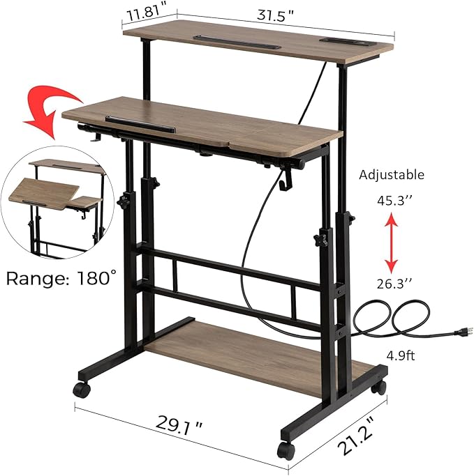 Hadulcet Stand Up Desk, Rolling Desk Adjustable Height, Mobile Standing with Wheels & Charging Station Grey or Rustic Brown