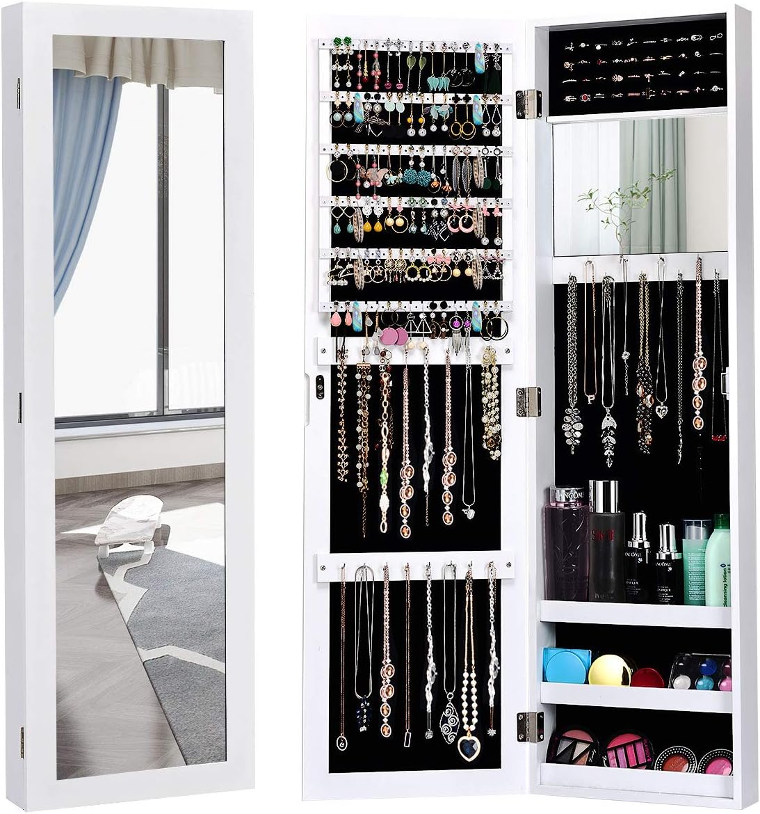 Giantex Wall Mounted Jewelry Cabinet with Full Length Mirror, Over The Door Jewelry Armoire Organizer with Large Storage, Makeup Mirror & Velvet Lining (White)