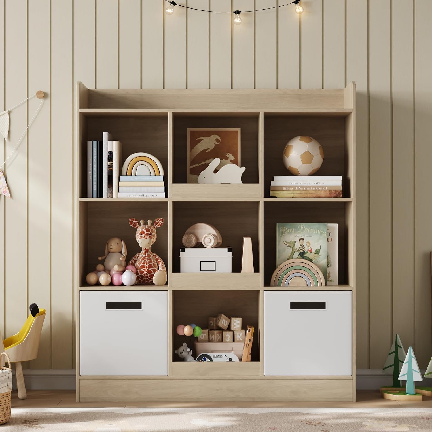 Housoul Kids Bookshelf, Toy Storage Organizer with Fabric Drawers, Natural | Bookshelf with 9 cube, 3-tier freestanding wooden open shelf bookshelf, modern kids display bookcase for living room, office